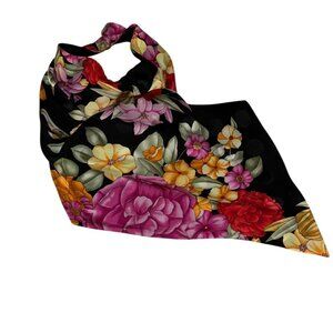 Bandit Scarf Vintage RICH black floral print 100% silk handkerchief scarf